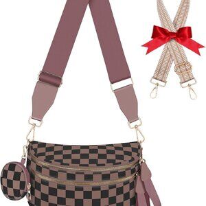 Khaki Checkered Waterproof Nylon Fanny Pack with Expandable Bottom & Removable W